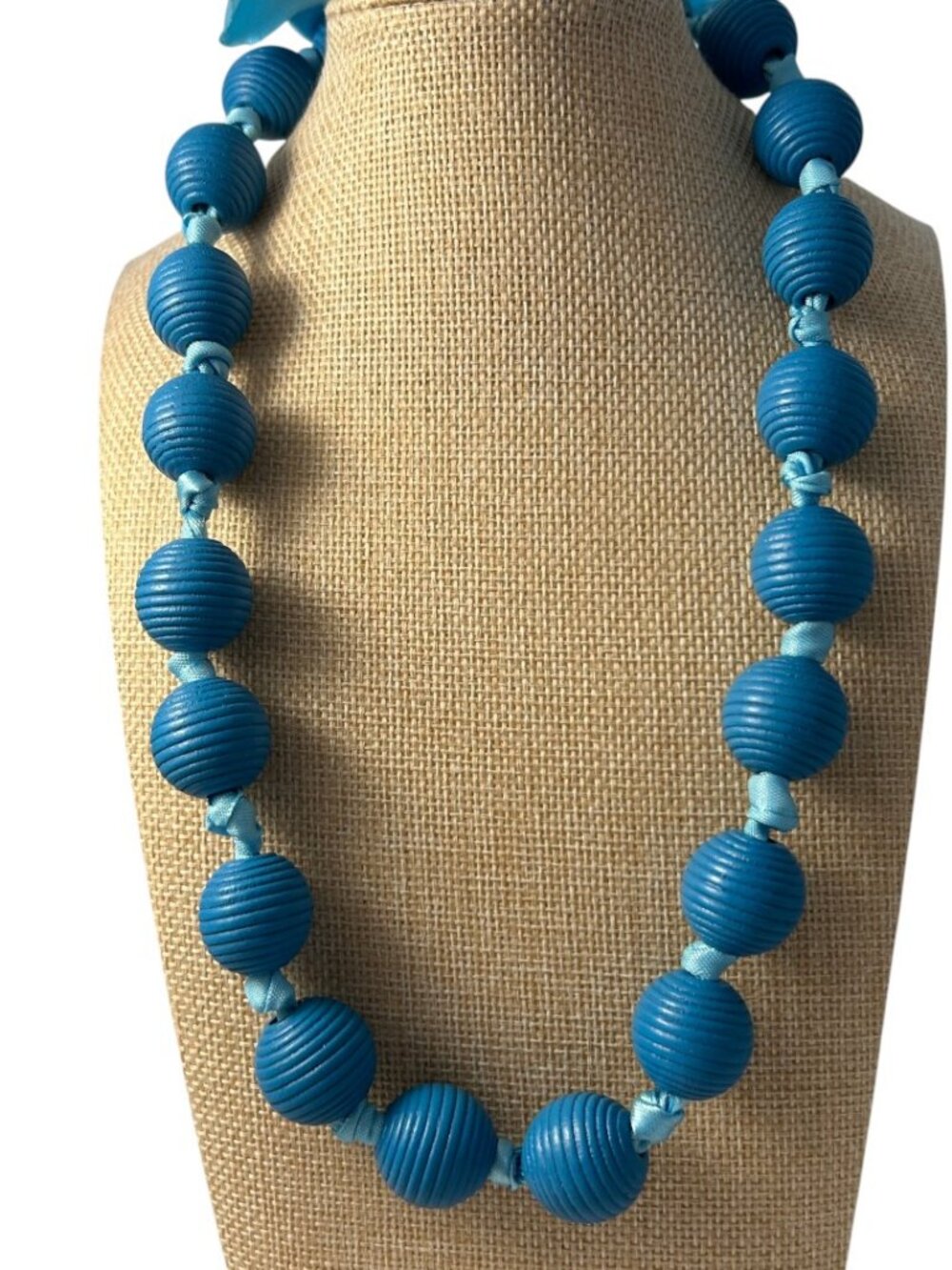 Blue Ribbed Bead Gumball Statement Necklace Satin Ribbon Tie Chunky Boho